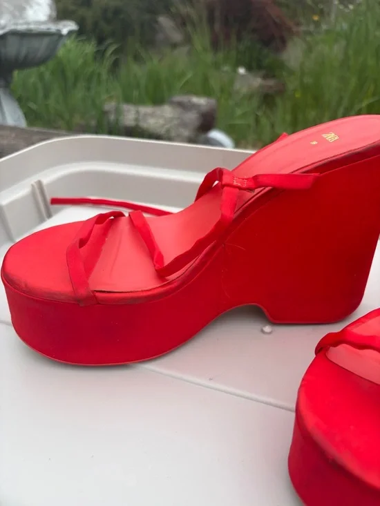 Zara Bright Red Satin Platform Heels - Picture 4 of 10